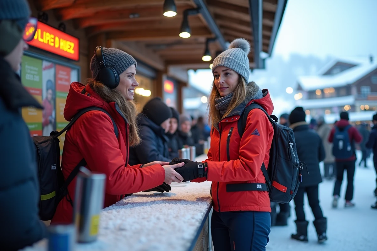 Skieuse achetant un forfait de ski en haute saison à Alpe d'Huez, longue file d'attente visible derrière elle