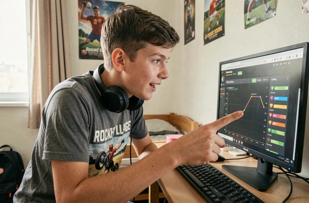 Adolescent consultant son historique de rang sur un site tracker Rocket League depuis son bureau d'étudiant