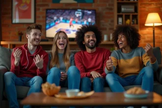Groupe d'amis regardant un match de basketball à la maison