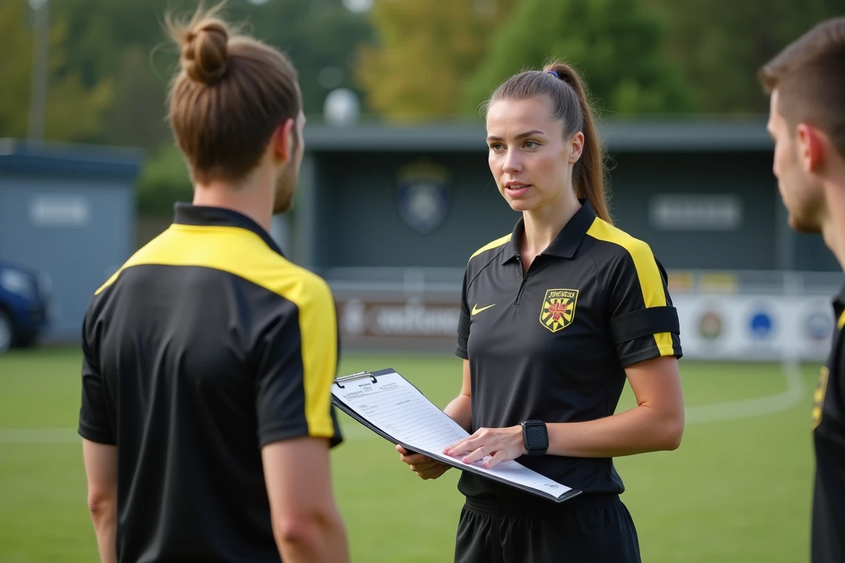 Arbitre officielle du district FFF Yvelines discutant avec les capitaines d'équipe avant un match, engagement pour la sécurité et le fair-play