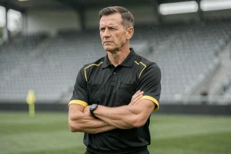 Arbitre de football debout seul sur un terrain professionnel après un match, bras croisés, stade vide en arrière-plan