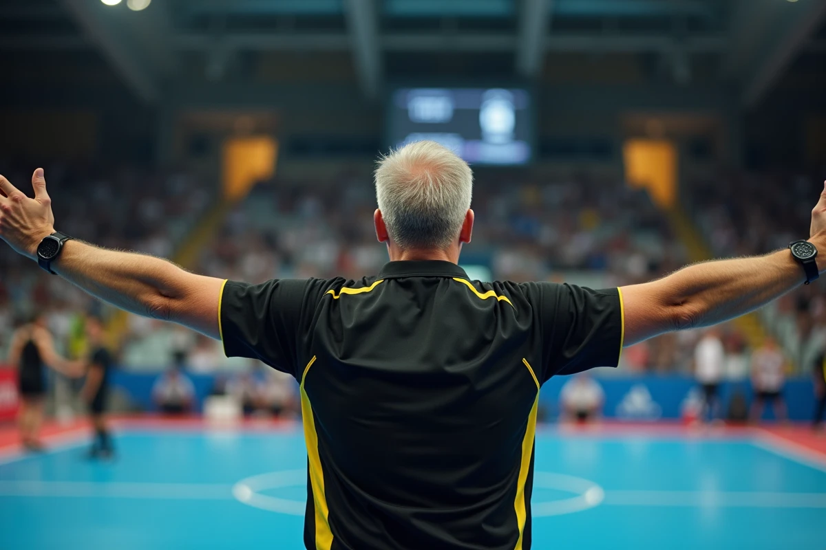 Arbitre de handball sifflant une décision lors d'un match officiel en salle avec tableau de score visible