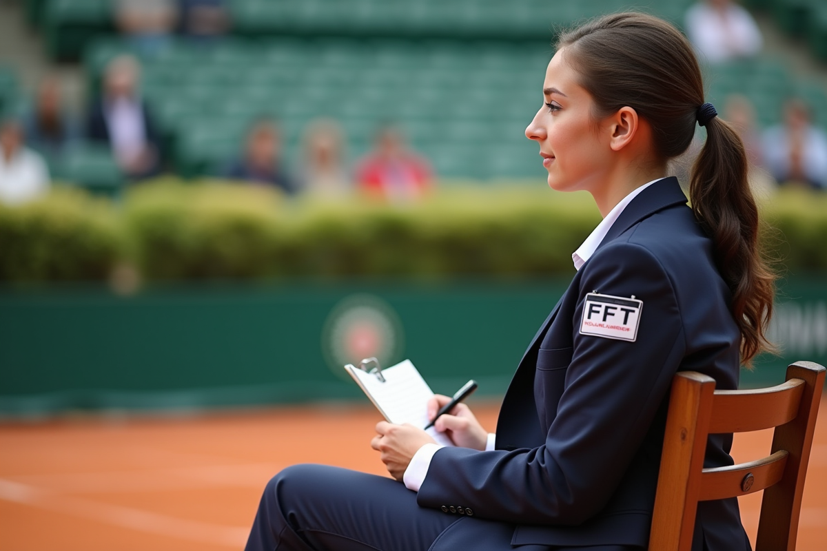 Arbitre jeune en tenue officielle surveillant un match de tennis
