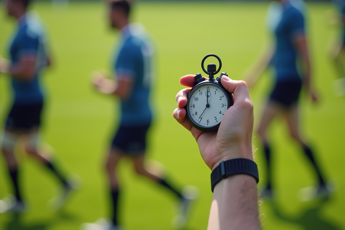 Arbitre rugby levant un chronometre sur terrain vert