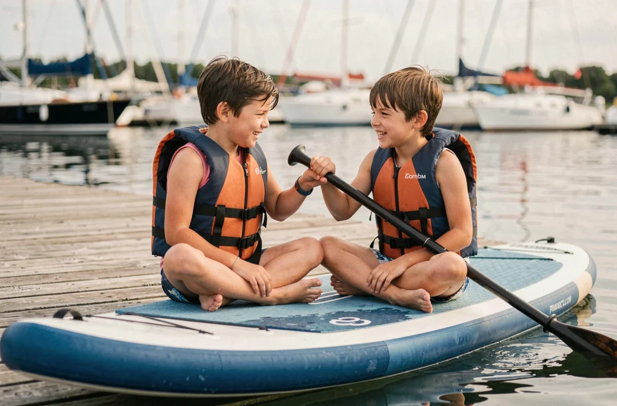 Deux enfants assis sur un paddle large pour débutants près d'un ponton, apprenant les astuces de pagaie en sécurité