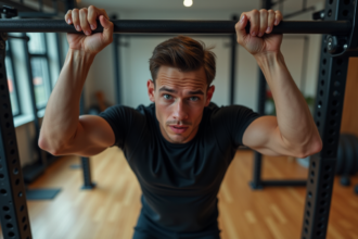 Jeune athlète noir en salle de musculation concentré sur sa prise