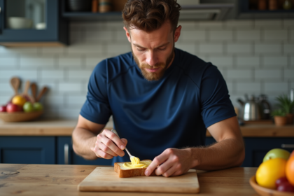 Athlète mangeant du pain complet avec beurre dans une cuisine moderne