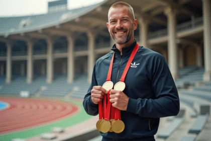 Athlète masculin avec médailles devant stade historique