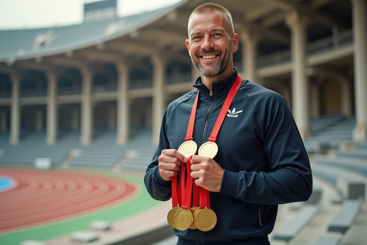 Athlète masculin avec médailles devant stade historique