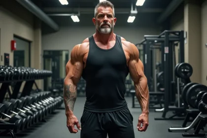 Athlète masculin imposant en salle de sport montrant sa musculature et ses mensurations impressionnantes