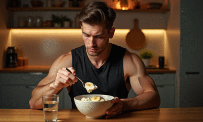 Jeune athlète en cuisine mangeant du fromage blanc
