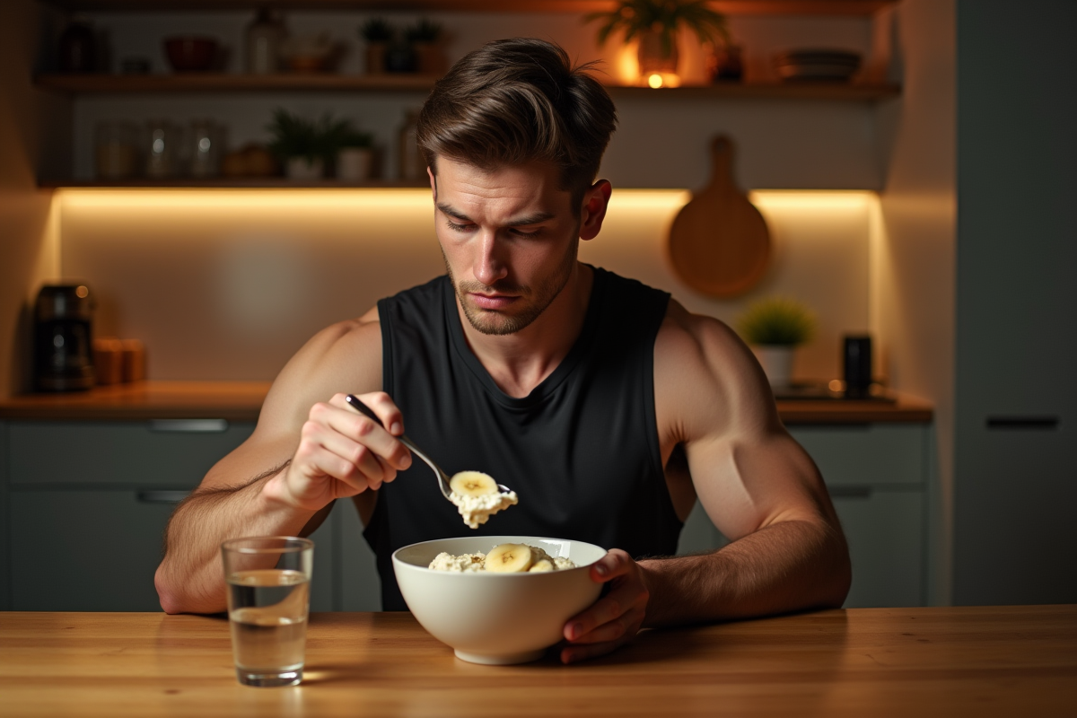 Jeune athlète en cuisine mangeant du fromage blanc