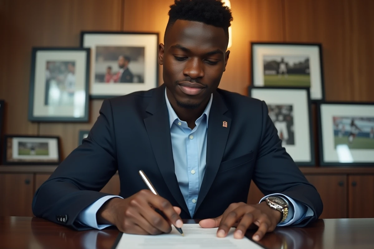 Jeune athlète signant un contrat sportif en intérieur