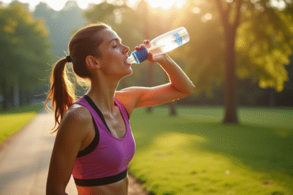 Athlète féminine buvant de l'eau après course dans un parc