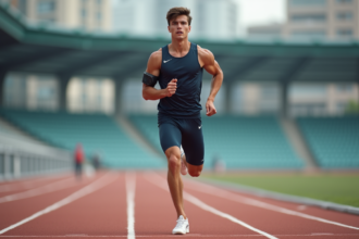 Jeune athlète courant sur piste avec capteur biométrique