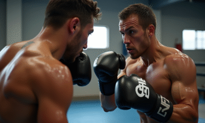 Deux athlètes en thai boxing dans un gymnase bien éclairé