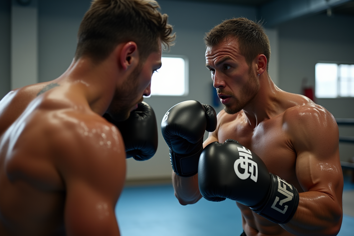 Deux athlètes en thai boxing dans un gymnase bien éclairé