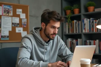 Blogueur sportif concentré travaillant sur son blog depuis un bureau moderne avec des coupures de presse sportive au mur