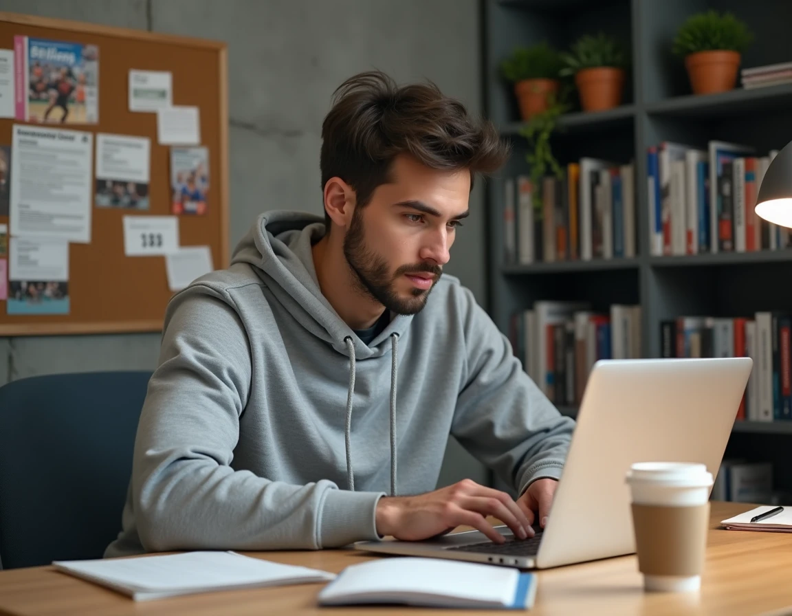 Blogueur sportif concentré travaillant sur son blog depuis un bureau moderne avec des coupures de presse sportive au mur