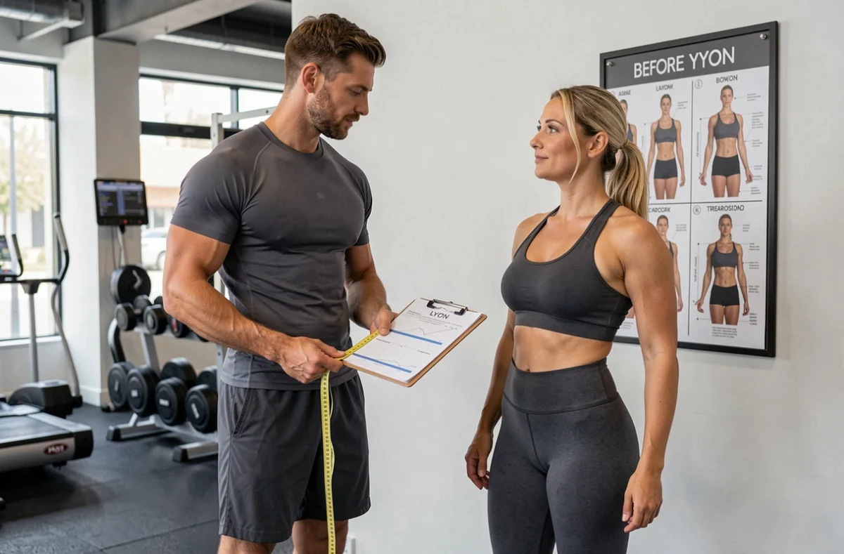 Coach Body Shape Lyon évaluant la transformation physique d'une cliente dans une salle de coaching spécialisée à Lyon