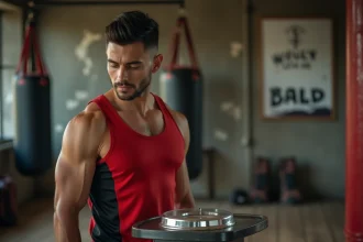 Boxeur masculin debout sur une balance dans une salle de boxe, vérifiant son poids avant une compétition