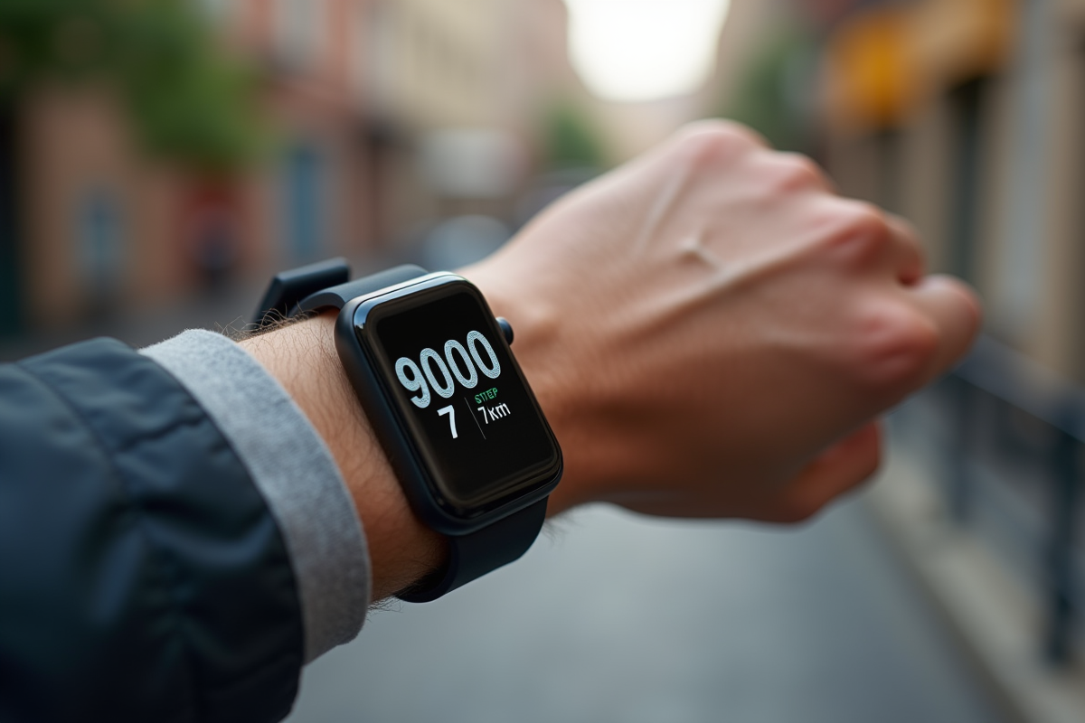 Montre connectee affichant 9000 pas et 7 km en gros plan