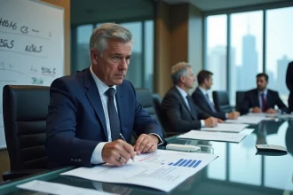 Dirigeant de club de Ligue 1 analysant les documents financiers du budget 2026 en salle de réunion