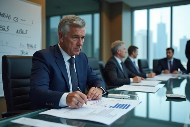 Dirigeant de club de Ligue 1 analysant les documents financiers du budget 2026 en salle de réunion