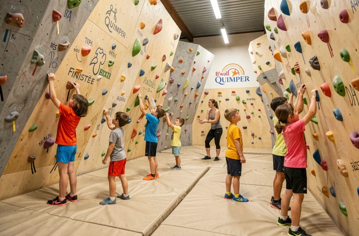Cours d'escalade pour enfants à la salle B'wall Quimper dans le Finistère avec une instructrice