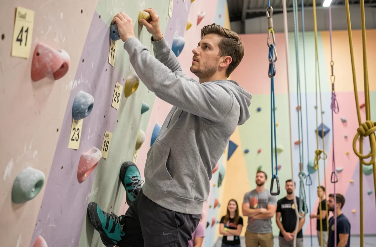 Grimpeur sur une voie de corde à la salle B'wall de Vannes, première salle bloc et voies de la ville