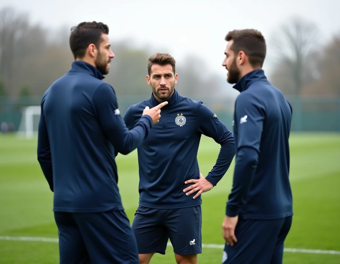 Joueurs cadres de l'Inter Milan 2026 en discussion tactique sur le terrain d'entraînement, portant des tenues bleues officielles du club