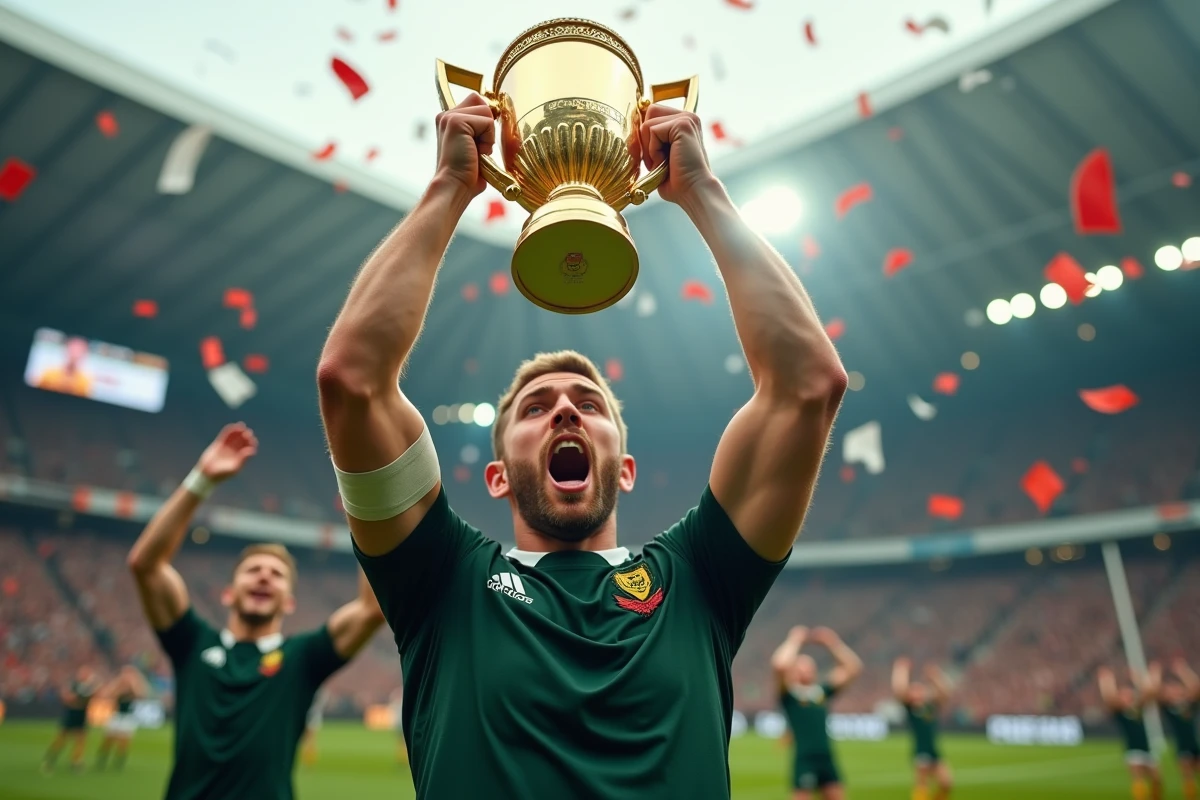 Capitaine de l'équipe U20 soulevant le trophée de la Coupe du monde de rugby après la victoire en finale