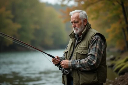 Senior homme pêchant au bord d'une rivière avec une canne à pêche, illustrant la carte de pêche senior 2026