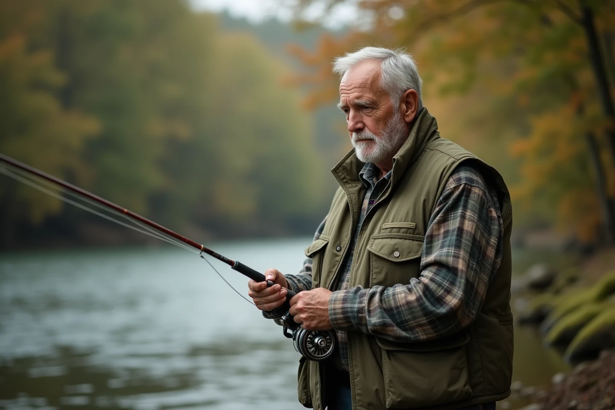 Senior homme pêchant au bord d'une rivière avec une canne à pêche, illustrant la carte de pêche senior 2026
