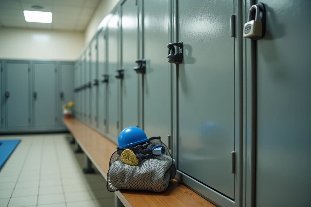 Rangée de casiers métalliques dans les vestiaires d'une piscine publique avec sac de natation et cadenas sur le banc