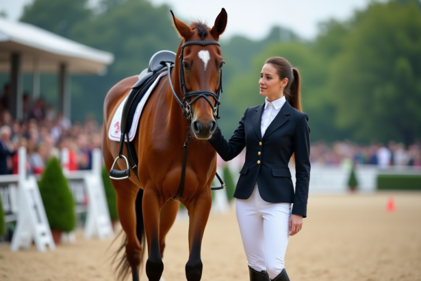 Cavalière en concours saut d'honneur avec son cheval chestnut