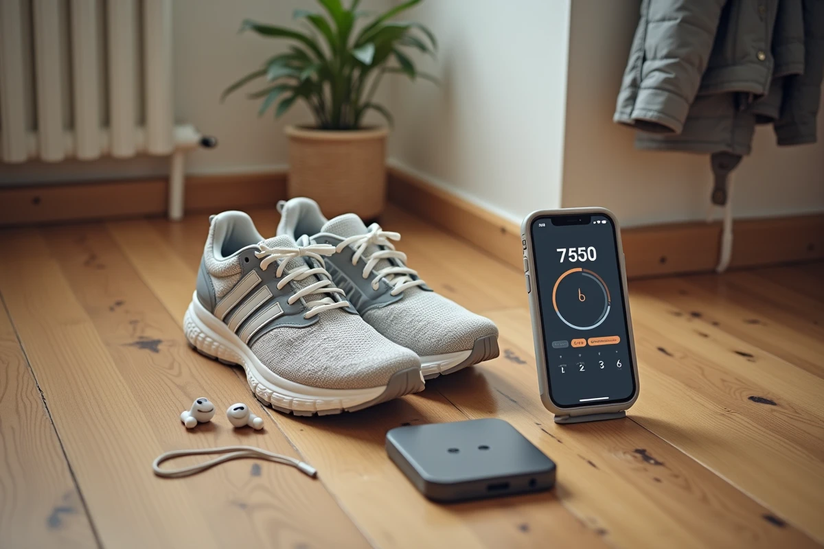 Chaussures de marche et smartphone affichant 7500 pas sur une application de santé, posés sur un parquet en bois dans un intérieur domestique