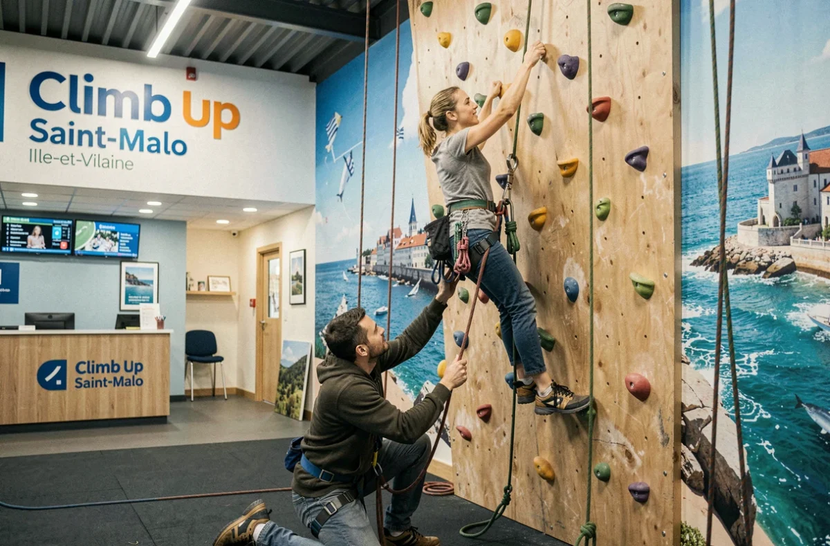 Deux amis grimpant en cordée à la salle Climb Up de Saint-Malo en Ille-et-Vilaine