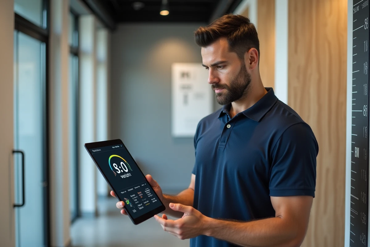 Coach sportif consultant des données corporelles sur tablette incluant IMC, poids et tour de bras