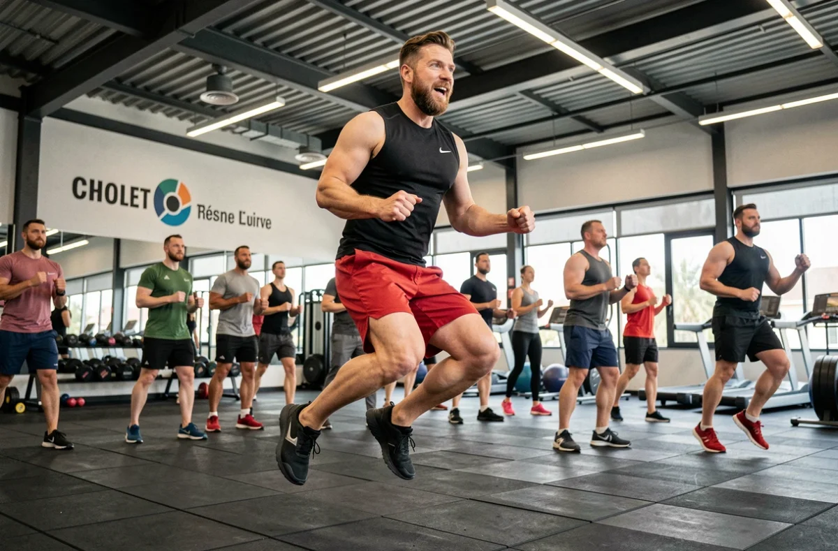 Coach fitness à Cholet, en plein saut pliométrique lors d'un cours dynamique dans une salle de sport moderne