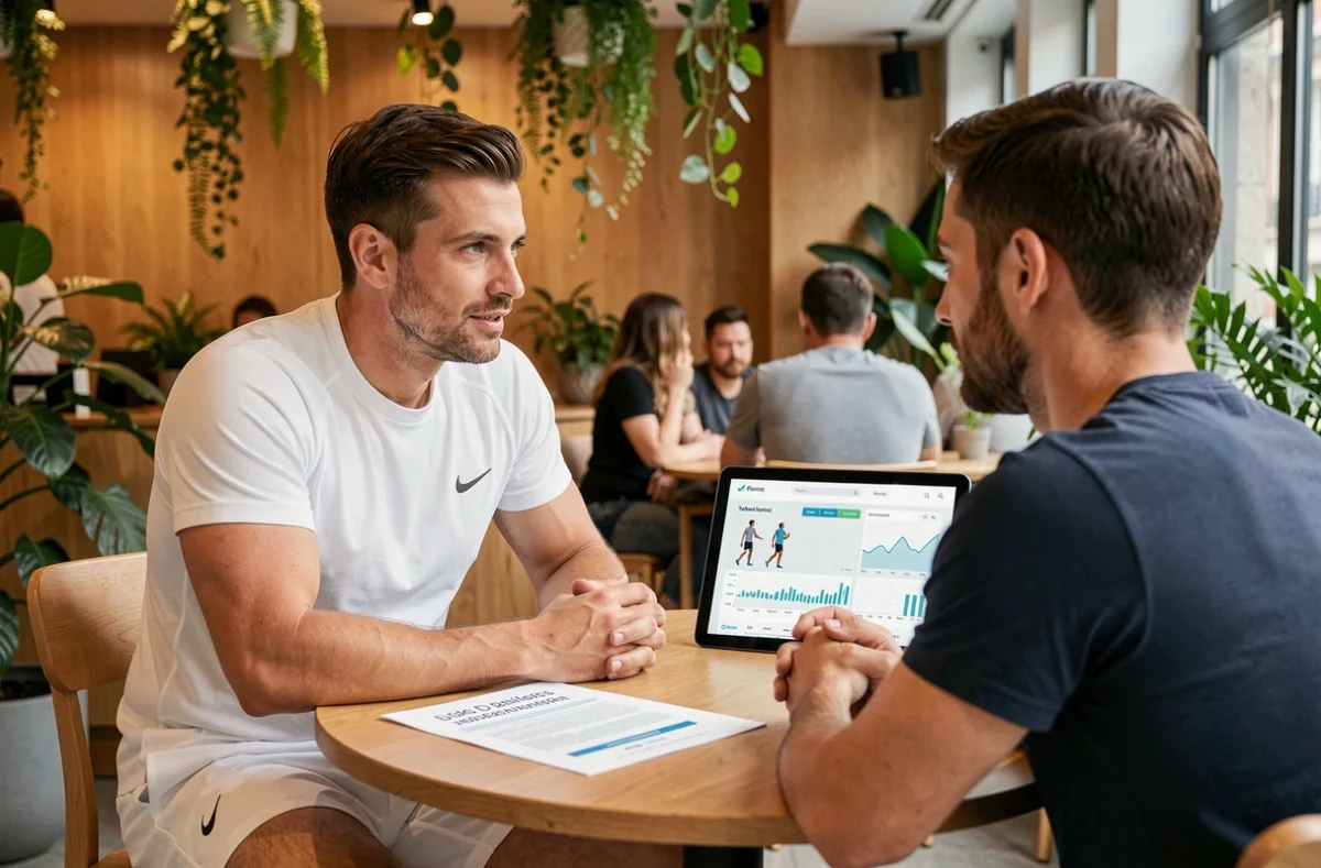 Coach For Life discutant d'un programme de coaching sportif personnalisé avec un client dans un espace wellness à Lyon