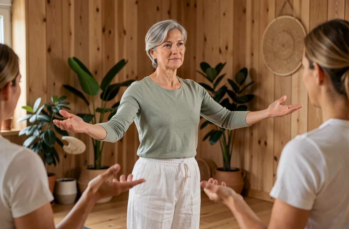 Coach de gym douce à Angers, guidant un groupe d'adultes dans un exercice d'étirement calme dans un studio bien-être