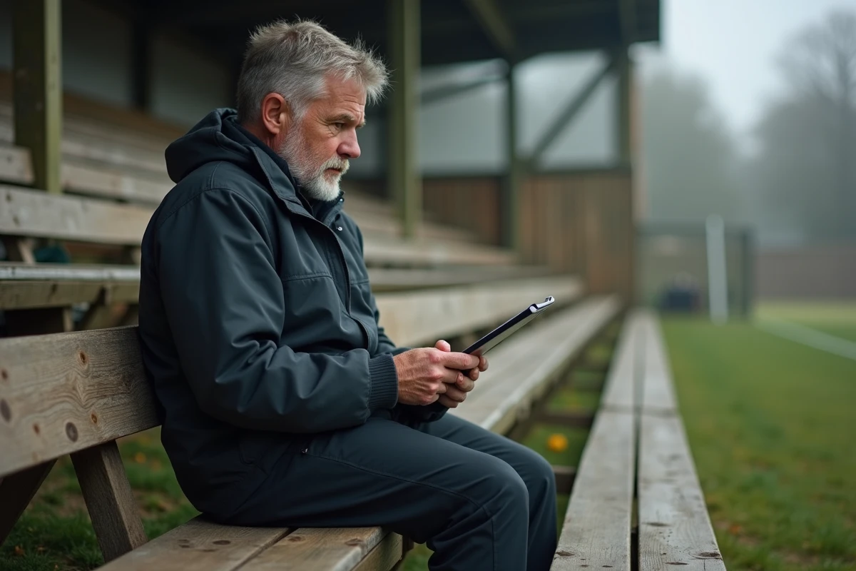 Entraineur de rugby en pleine réflexion dans les tribunes