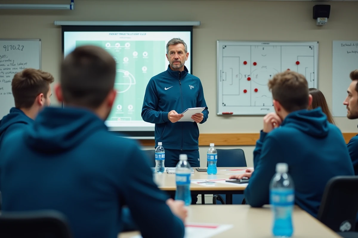 Entraîneur de football en discussion avec ses joueurs en salle