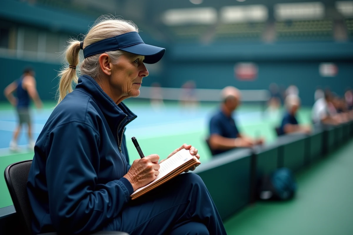 Entraineure de tennis observant un match en intérieur en prenant des notes