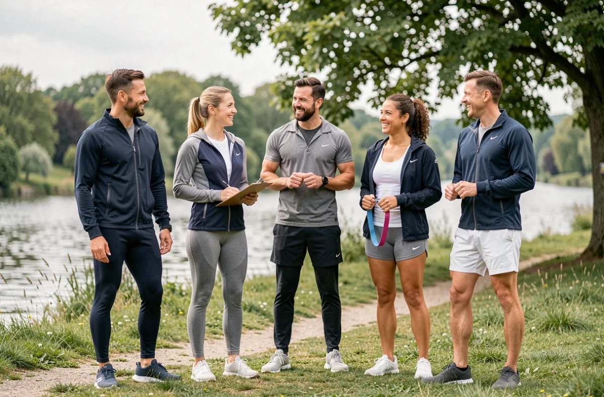 Groupe de coachs sportifs en Maine-et-Loire réunis dans un parc verdoyant au bord de la Loire