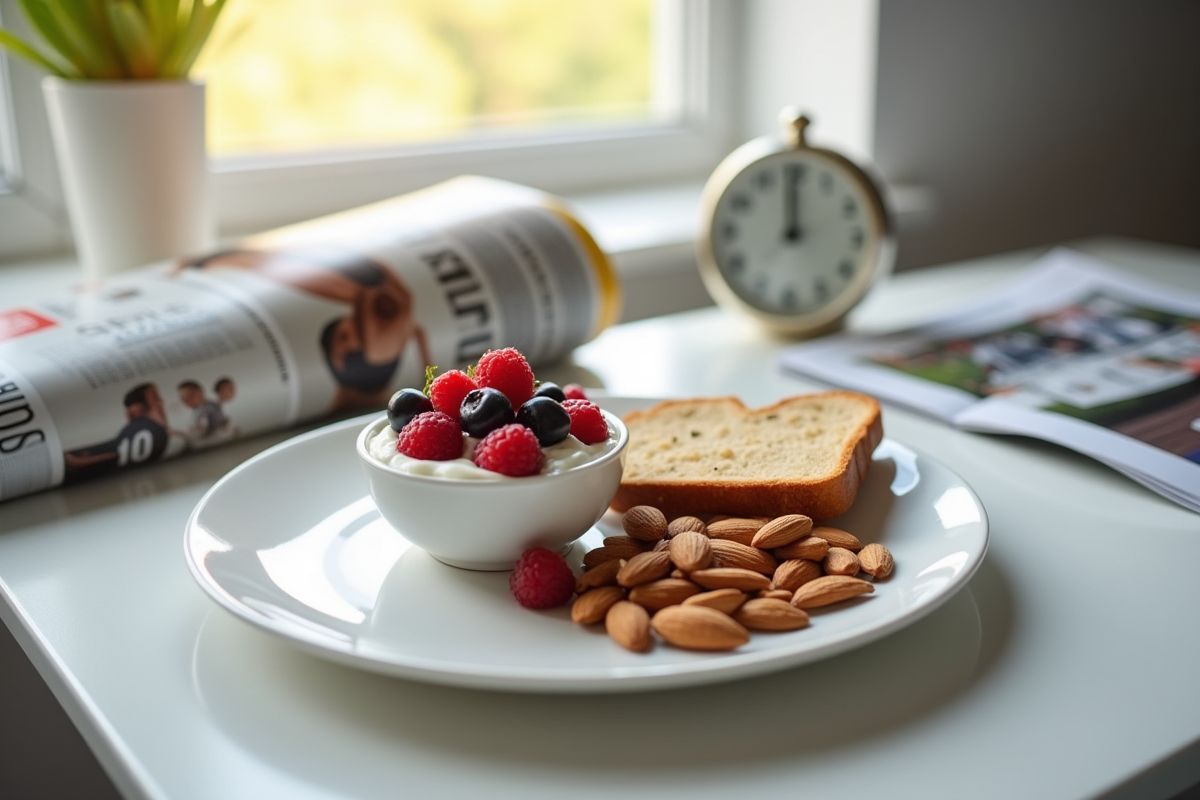 Collation saine avec yaourt et fruits sur une table de nuit