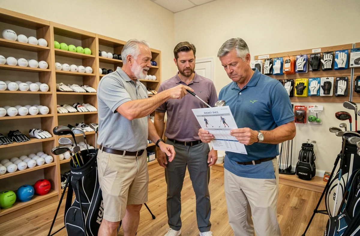 Deux golfeurs comparant des clubs dans un pro shop avant d'acheter du matériel de golf conseillé en ligne