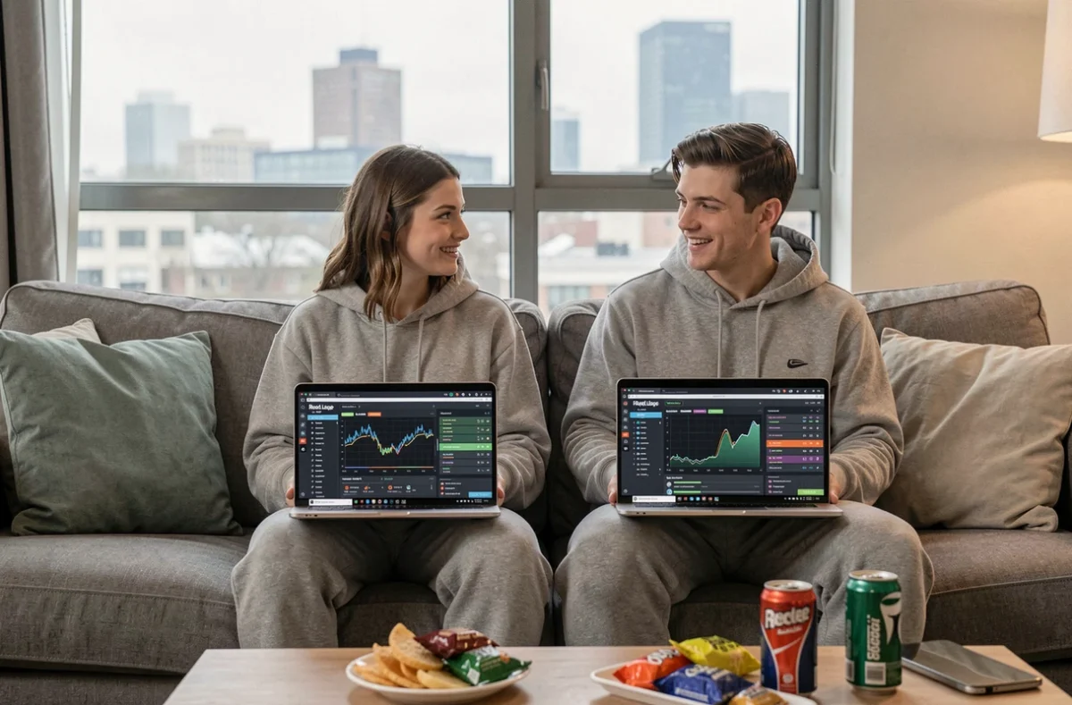 Deux joueurs comparant leur progression de rang Rocket League sur des trackers en ligne depuis leur salon