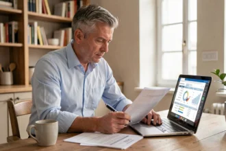 Homme comparant des formules de tarif bol d'or sur des documents et un ordinateur portable à domicile